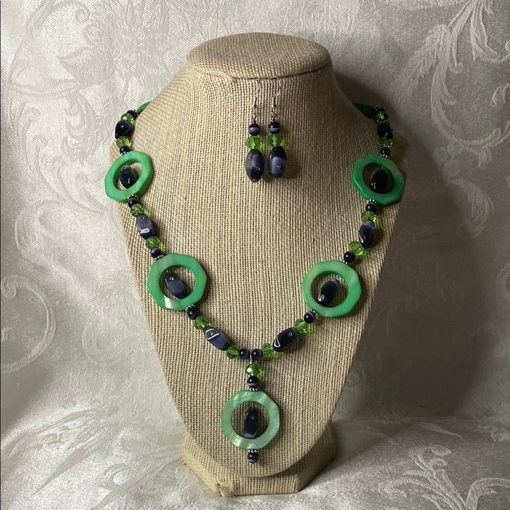 Handcrafted Green Shell and Gray Cat’s Eye Necklace and Earring Set
